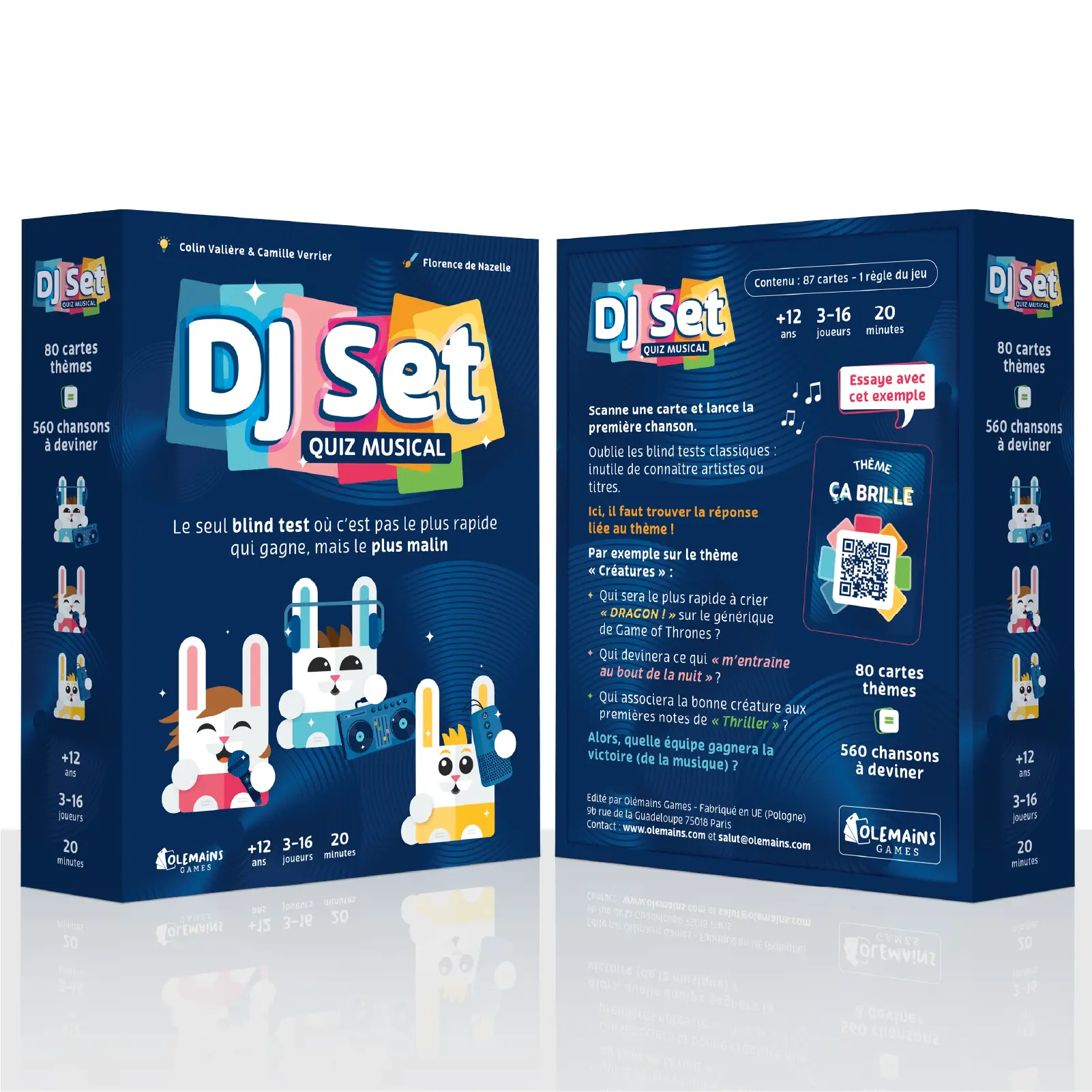 Boîte du jeu DJ Set Quiz Musical, design bleu vif, logo DJ Set; faces avec lapins illustrés, info éditeur et détails du jeu Boîte du jeu DJ Set Quiz Musical, design bleu vif, logo DJ Set; faces avec lapins illustrés, info éditeur et détails du jeu