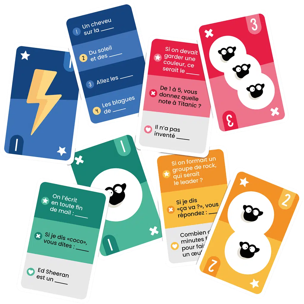 Cartes Mouton et Éclair avec phrases à compléter, symboles et valeurs en points