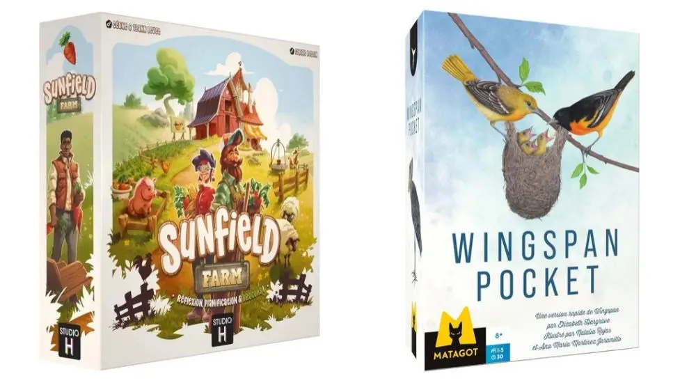 Deux boîtes de jeux de société: Sunfield Farm et Wingspan Pocket, avec illustrations colorées et logos des éditeurs Studio H