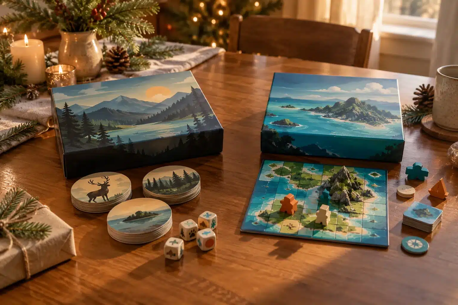 Deux jeux de société ouverts sur une table en bois avec des pièces et des pions colorés autour, dans un décor de Noël.