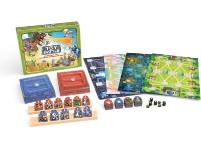 Ensemble de jeu Toy Battle avec mallettes vertes et rouges, plateaux colorés, figurines et pions, pièces et cartes de jeu