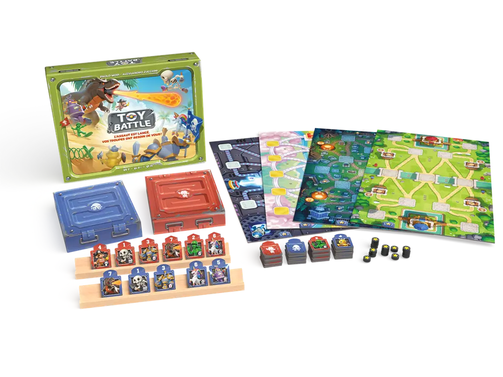 Ensemble de jeu Toy Battle avec mallettes vertes et rouges, plateaux colorés, figurines et pions, pièces et cartes de jeu Ensemble de jeu Toy Battle avec mallettes vertes et rouges, plateaux colorés, figurines et pions, pièces et cartes de jeu