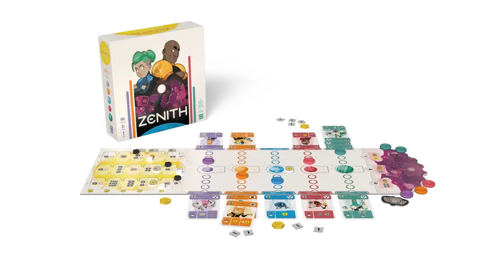 Jeu de société Zenit h avec plateau coloré, pions et cartes disposés, boîte illustrée en arrière-plan. Jeu de société Zenit h avec plateau coloré, pions et cartes disposés, boîte illustrée en arrière-plan.