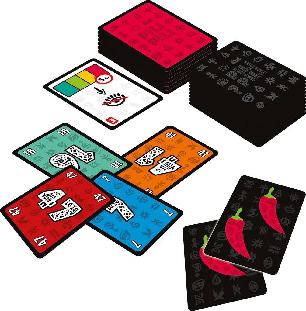 Jeux de société: piles de cartes colorées et cartes numérotées, piments sur dos noir, illustration d’un paquet et interdits. Jeux de société: piles de cartes colorées et cartes numérotées, piments sur dos noir, illustration d’un paquet et interdits.