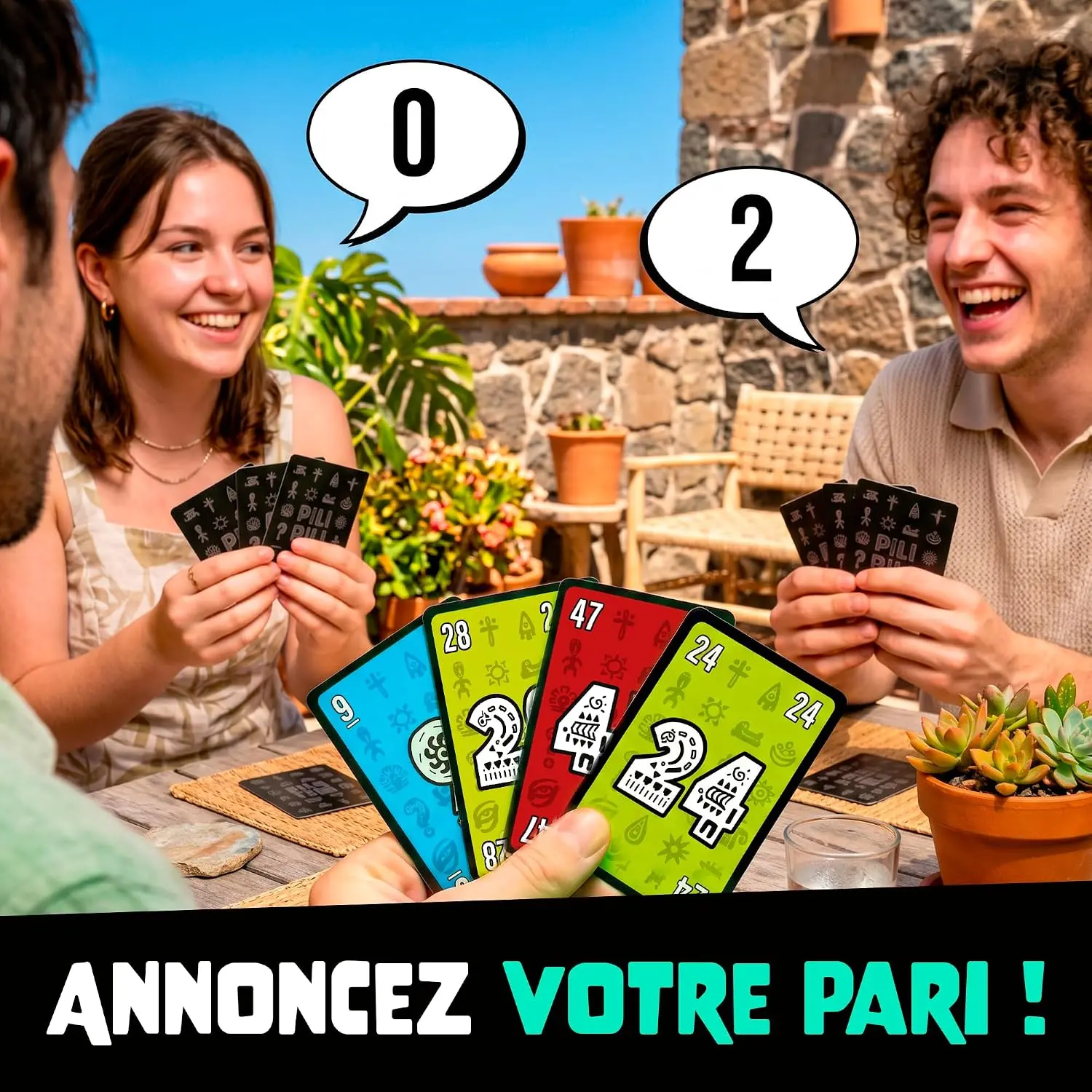 Joueurs de Pili Pili annonçant leur pari de plis, cartes colorées numérotées en main