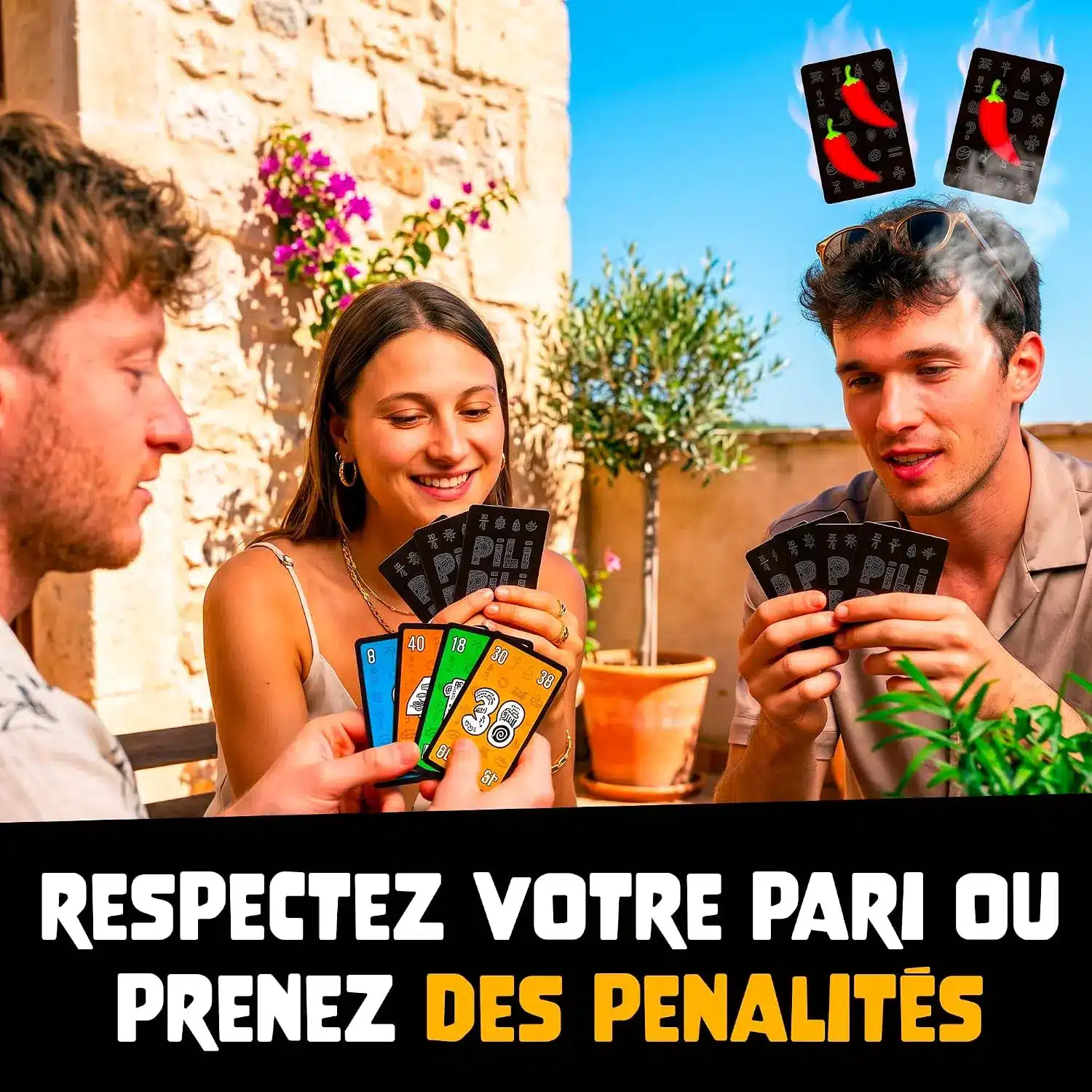 Partie de Pili Pili en terrasse, cartes piments de pénalité au-dessus d'un joueur