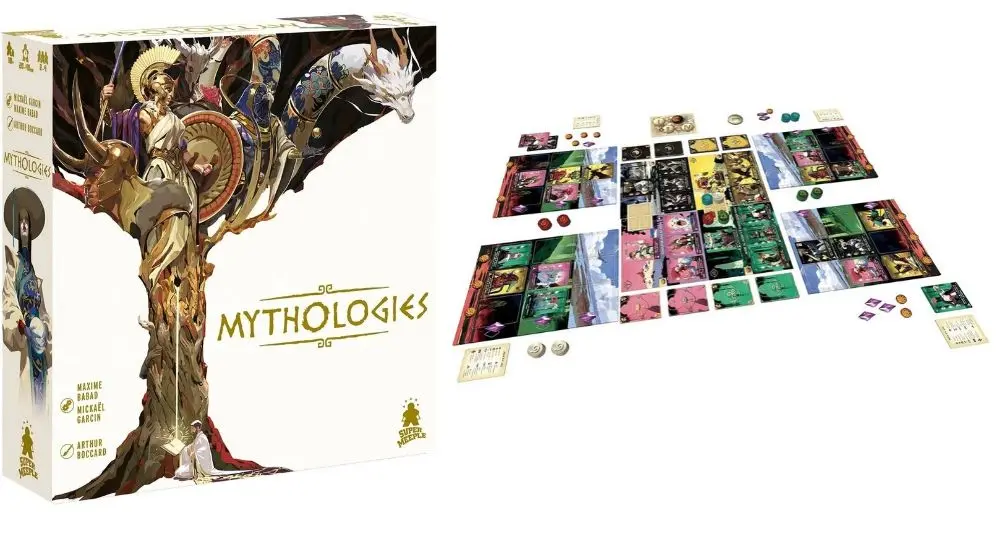 Plateau et composants du jeu Mythologies déployés, côté montré emballage et tableau de cartes détaillées.