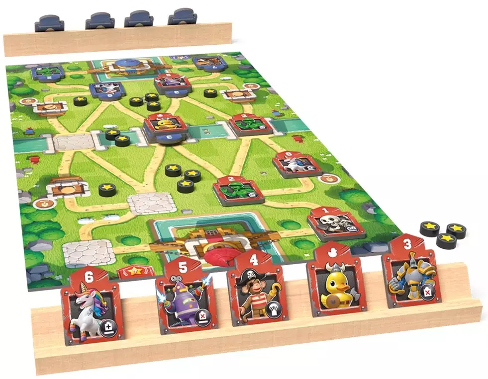 Plateau de jeu coloré déployé avec pions et figurines en façade sur support, prêt pour une partie de jeux de société. Plateau de jeu coloré déployé avec pions et figurines en façade sur support, prêt pour une partie de jeux de société.