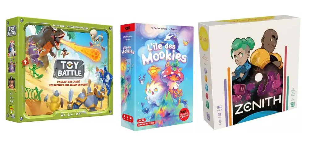 Trois boîtes de jeux de société colorées: Toy Battle, L’île des Mookies et Zenith, vues de face.