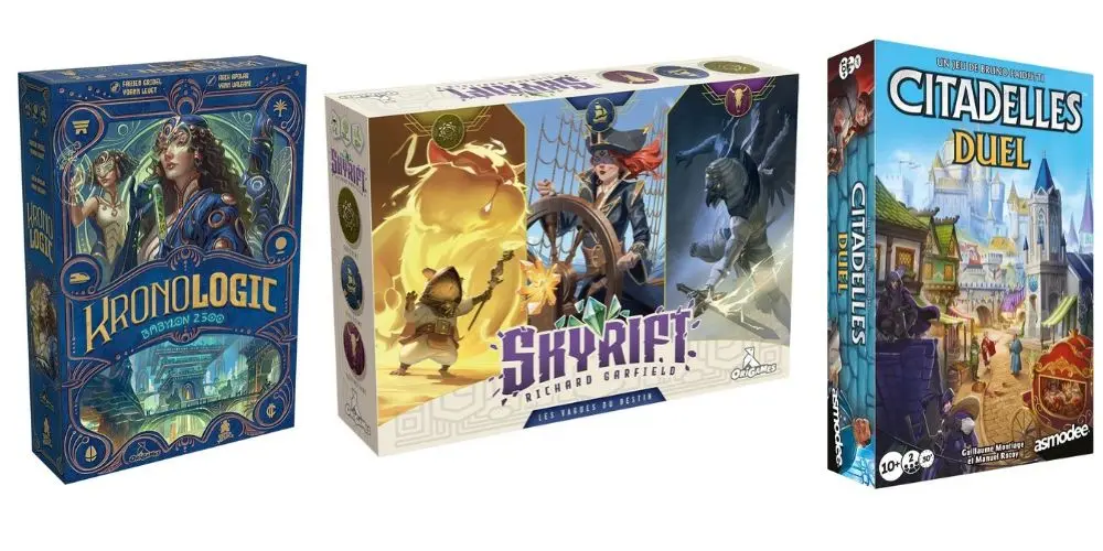 Trois boîtes de jeux de société: KronoLogic à gauche, SkyRift au centre, Citadelles Duel à droite, vues de face.