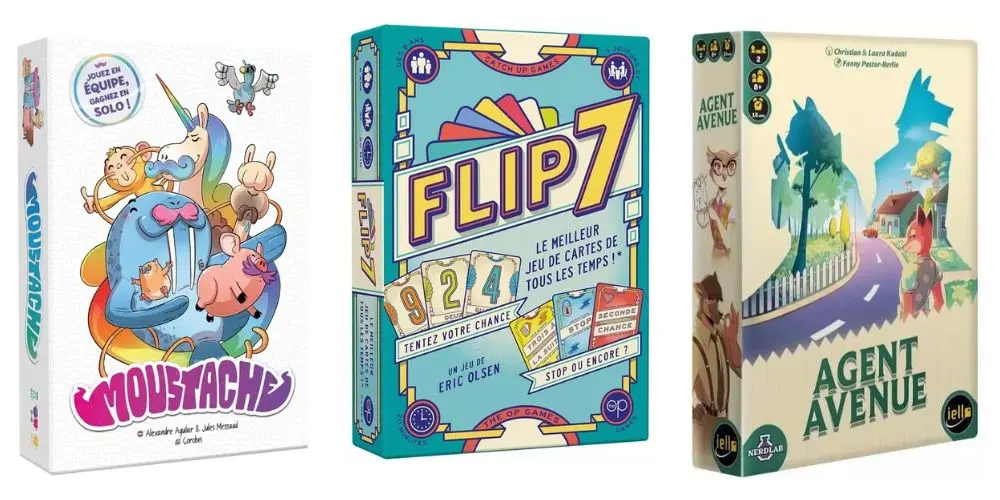 Trois boîtes de jeux de société: Moustachou: image colorée avec personnages comiques; Flipz: boîte bleue et flamboyante;