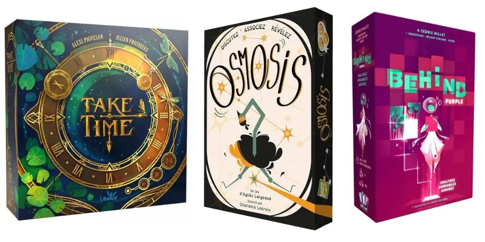 Trois boîtes de jeux de société: Take Time avec cadran doré et motifs verts; Osmo's avec logo noir et décor étoilé; Behind