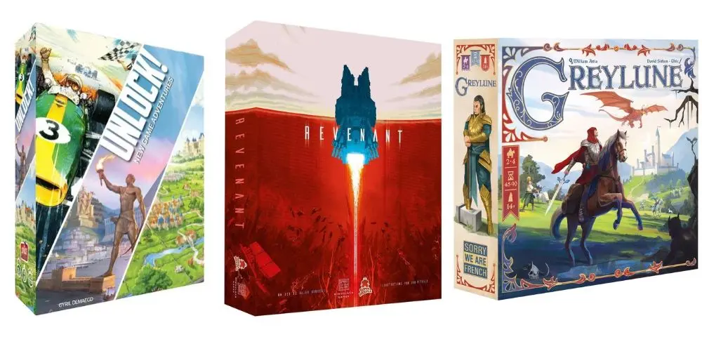 Trois boîtes de jeux de société: Uno, Revenant (jeu avec explosion lumineuse), et Crestline/Coreline style aventure